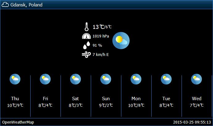 12 INT-TSI SATEL 3.4.12 Počasí Zobrazuje počasí a předpověď počasí. Data jsou stahována ze služby OpenWeatherMap (openweathermap.org).