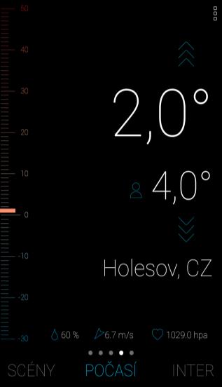 V záložce Počasí se zobrazují aktuální stav teploty, vlhkosti, rychlosti větru a tlaku nastavené