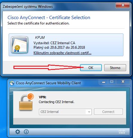 c) pokud se objeví okno s výzvou potvrzení certifikátu, potvrďte ho tlačítkem OK.