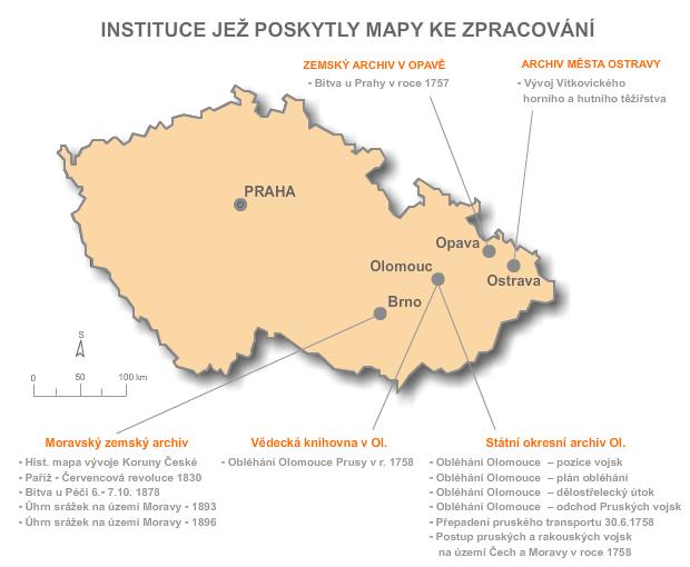 Obr. 1. Mapa zobrazující přehled oslovených institucí a poskytnutých map 3.2 Proces tvorby map Příprava map Samotnému procesu animování předcházelo zpracování dat v grafických editorech.