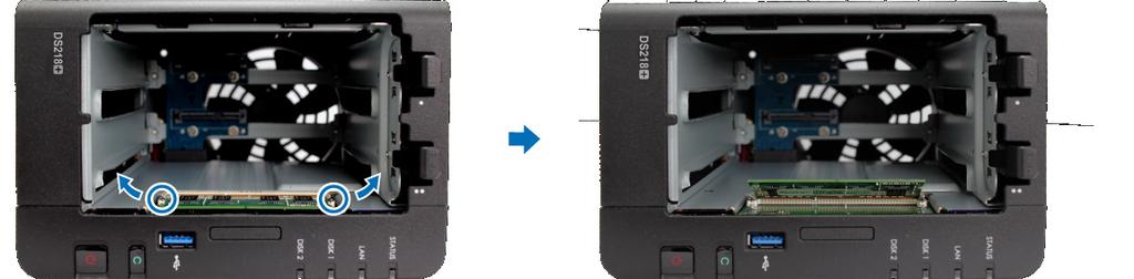 Odebrání paměťového modulu: 1 Vypněte zařízení DiskStation podle pokynů v krocích 1 a 2 části Instalace paměťového modulu, odpojte kabely a odstraňte dvě přihrádky na pevné disky.
