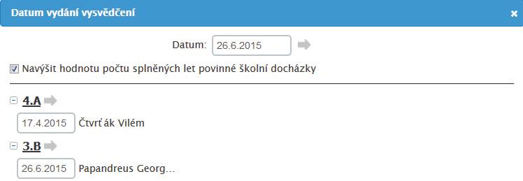 5. Po klepnutí na šipku systém hodnotu dosadil a zároveň rozvinul všechny větve tříd (se jmény žáků), u kterých je vidět právě dosazené datum vydání vysvědčení.