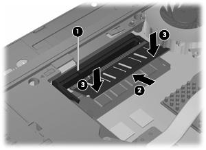 c. Opatrně zatlačte paměťový modul (3) dolů tlačte na levou a pravou stranu paměťového modulu, dokud pojistné svorky nezapadnou na určené místo. 11.