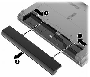 2. Vložte baterii do přihrádky (1) a zatlačte na ni, až zapadne do správné polohy. Západky pro uvolnění baterie (2) automaticky zajistí baterii v určené pozici. Vyjmutí baterie: 1.