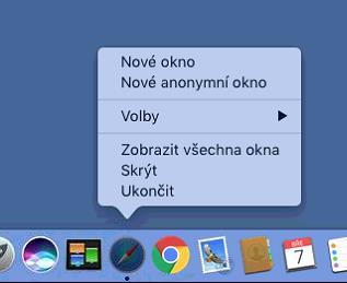 5. Pokud máme Safari otevřený (pod ikonou Safari v docku se nachází černá tečka), kliknutím na jeho ikonu pravým tlačítkem myši a