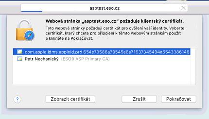 Spustíme Safari a zadáme do adresního řádku webovou adresu naší aplikace. 7. Aplikace nás požádá o výběr certifikátu.