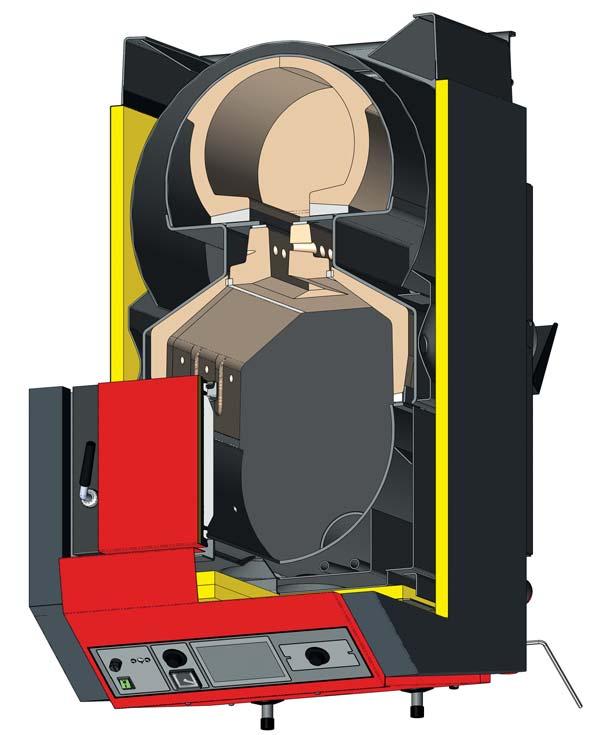 n Keramická tryska je ve spodní části zplynovací komory opatřena otvory pro přívod sekundárního vzduchu, který je předehříván na vysokou teplotu v zadním spalovacím kanálu.