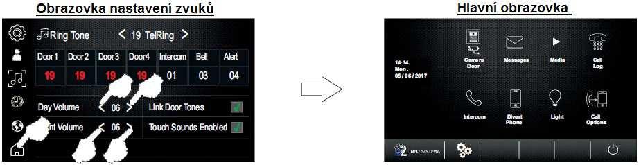 Pro změnu hlasitosti zvonění v denním a nočním režimu pro různé typy volání stiskněte volbu nebo.