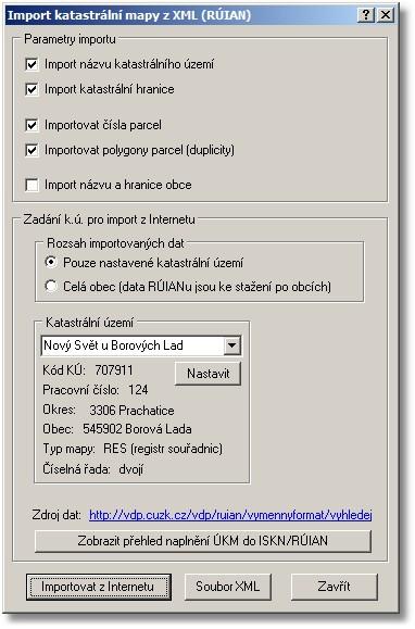 Soubor 4.6.9 107 Import RÚIAN... Obdoba importu katastrální mapy z INSPIRE. Dají se získat pouze obvodové polygony parcel a parcelní čísla. Tedy ne např. vnitřní kresba a mapové značky.