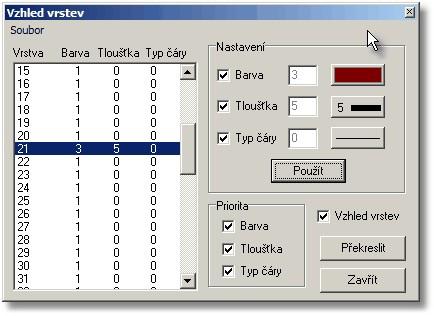 Nastavení 6.7 171 Vzhled vrstev... Viz Práce se vzhledem vrstev 42 Ovládání formuláře Vzhled vrstev" Základem ovládání je seznam vrstev se zobrazenými nastavenými vlastnostmi v levé části formuláře.