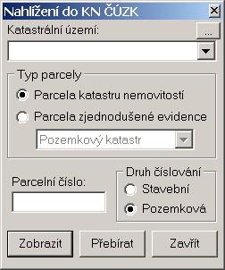 Pomůcky 239 Pro tuto funkci musí být počítač připojen do internetu, tedy v případě vytáčeného připojení, musí být toto připojení aktivní. Do pole Katastrální území zadejte alespoň začátek názvu k.ú. a stiskněte Enter.