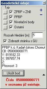 Pomůcky 241 Dále je možné zadat (viz obrázek) rozsah hledání v metrech. Povoleny jsou hodnoty 1-100m. Server totiž nevrací vždy nejbližší bod, ale ten, který je u něj pravděpodobně první v databázi.