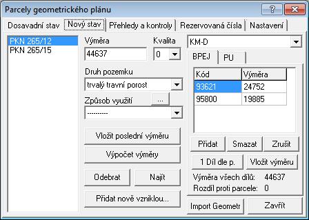 256 GEUS grafika 12.2.2 Naplnění parcel nového stavu V počátku tvorby GP se zde vyplňují pouze čísla parcel. Ostatní podrobné údaje, jako je výměra, kultura atd.