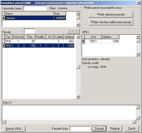 276 12.9 GEUS grafika Databáze parcel ISKN Funkce pro prohlížení databáze parcel načtené z VFK. V obrázku chybí informace o vlastníkovi, protože je VFK soubor neobsahoval.