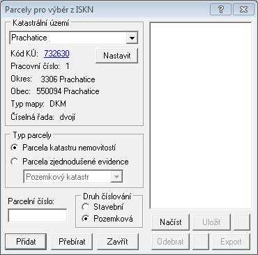 278 GEUS grafika řada parcel (viz obrázek). Parcely se zadávají do editačního pole Parcelní číslo a do seznamu parcel se přidají buď tlačítkem Přidat nebo stisknutím klávesy [Enter].