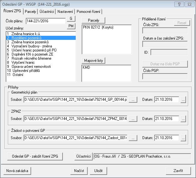 GP-ISKN referenční část 293 12.14.1 Řízení ZPG Základní postup byl popsán v předchozí kapitole Odeslání GP - WSGP... 289. Zde tedy pouze podrobněji popíšeme jednotlivé ovládací prvky.