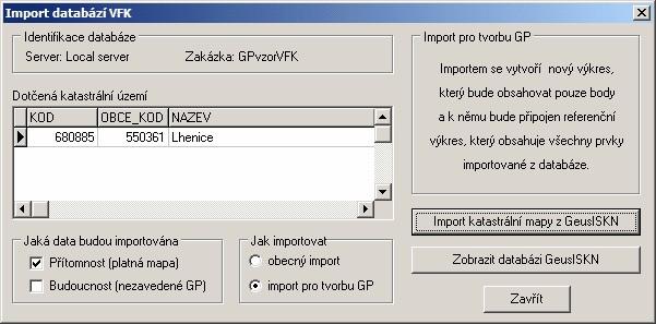 Zpracování vzorového GP pro VFK v programu GEUS 313 6. Po zvolení našeho vzorového souboru lhenice-pgp.vfk se data VFK načtou do databáze (resp. databází).