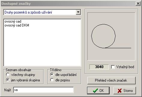 Základní postupy 3.9.1 31 Dialog "Dostupné značky" Seznam značek je tvořen slovním popisem značky a značka, na které je nastaven kurzor, se zobrazuje v pravé části formuláře (viz obrázek).