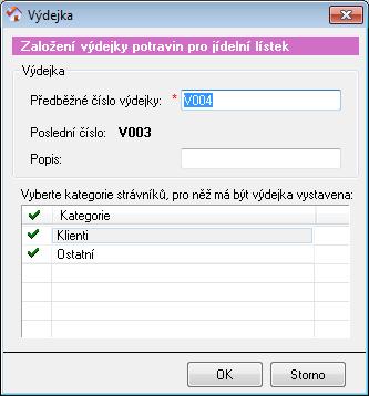 Po vystavení výdejky se v horní části okna objeví nová záložka Výdejka, na které můžete s výdejkou pracovat. Záložka Jídelní lístek je již určena pouze k náhledu.