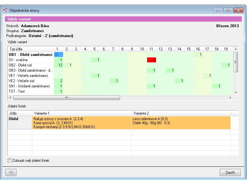V dolní části okna se zobrazují varianty jídel pro danou podkategorii strávníka dle označeného typu jídla v horní části okna.