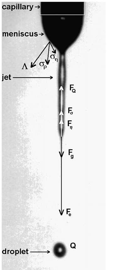 Electrospraying elektrostatické rozprašování F e elektrodynamická síla úměrná elektrickému poli F g gravitační síla F Q