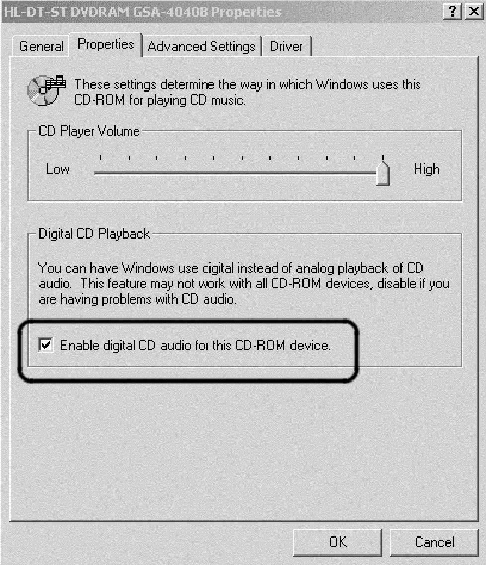 4. Na kartě Vlastnosti označte políčko Povolit digitální CD audio, jak ukazuje obrázek.