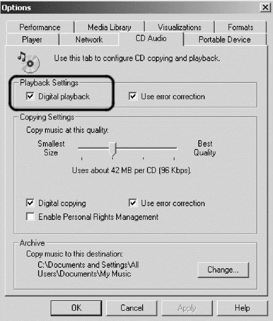 3. Na kartě CD Audio označte políčko Digitální přehrávání, jak ukazuje obrázek.