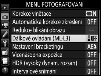 Fotografování s dálkovým ovládáním Použití volitelného dálkového ovládání ML-L3 Volitelné dálkové ovládání ML-L3 (0 287) lze použít k potlačení chvění fotoaparátu nebo k pořizování autoportrétů.