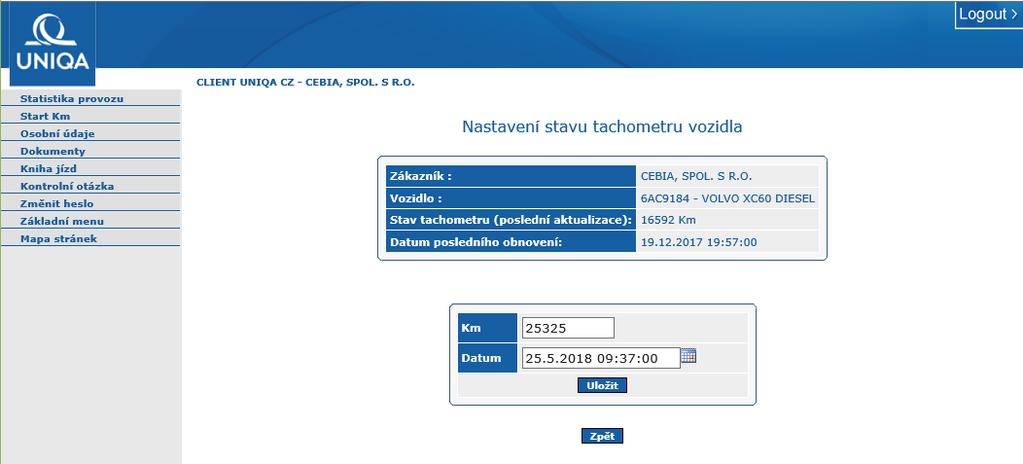 Start km Účelem nabídky Start km je sjednotit hodnoty stavu tachometru, zobrazené v knize jízd se skutečnými hodnotami stavu najetých kilometrů na ukazateli ve Vašem vozidle.