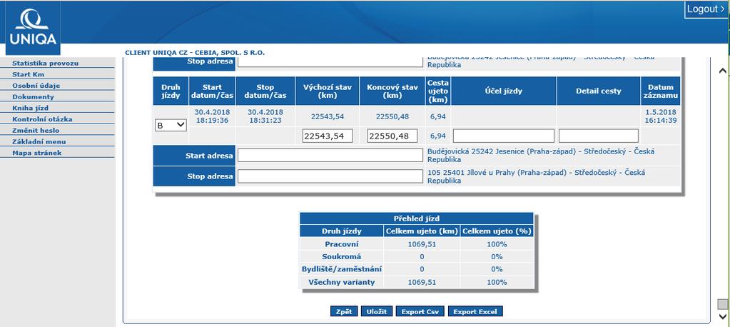 Kniha jízd 3 V Přehledu knihy jízd je uvedena statistika rozdělení cest mezi pracovní, soukromé a