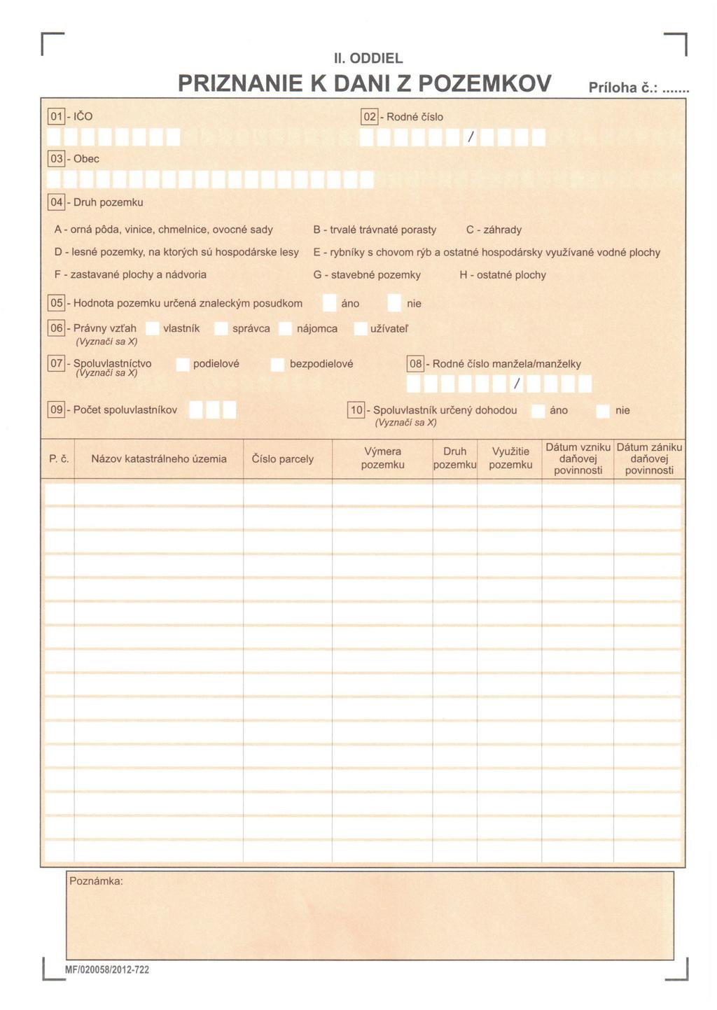 II. ODDIEL @2]-IČO PRIZNANIE K DANI Z POZEMKOV Príloha č.:.