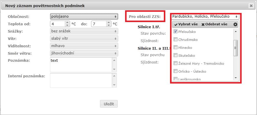 Je možno zadat povětrností podmínky pro více oblastí ZZS dle výběru viz obrázek níže. Dle zvolené oblasti se zobrazí pole pro vyplnění stavu povrchu a sjízdnosti příslušné třídy komunikace.