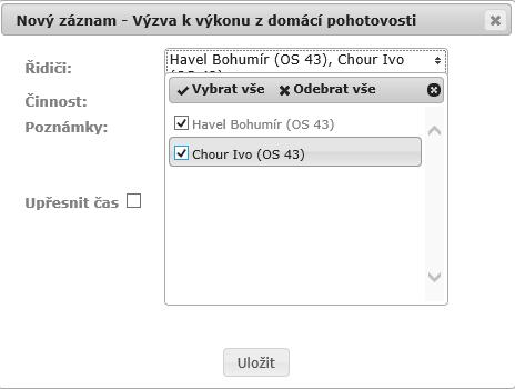 Výzva k výkonu z domácí pohotovosti, u které může dispečer vybrat více pracovníků najednou. Po stisku tlačítka Uložit, je záznam uložen a automaticky se zobrazí v seznamu Záznamů údržby.