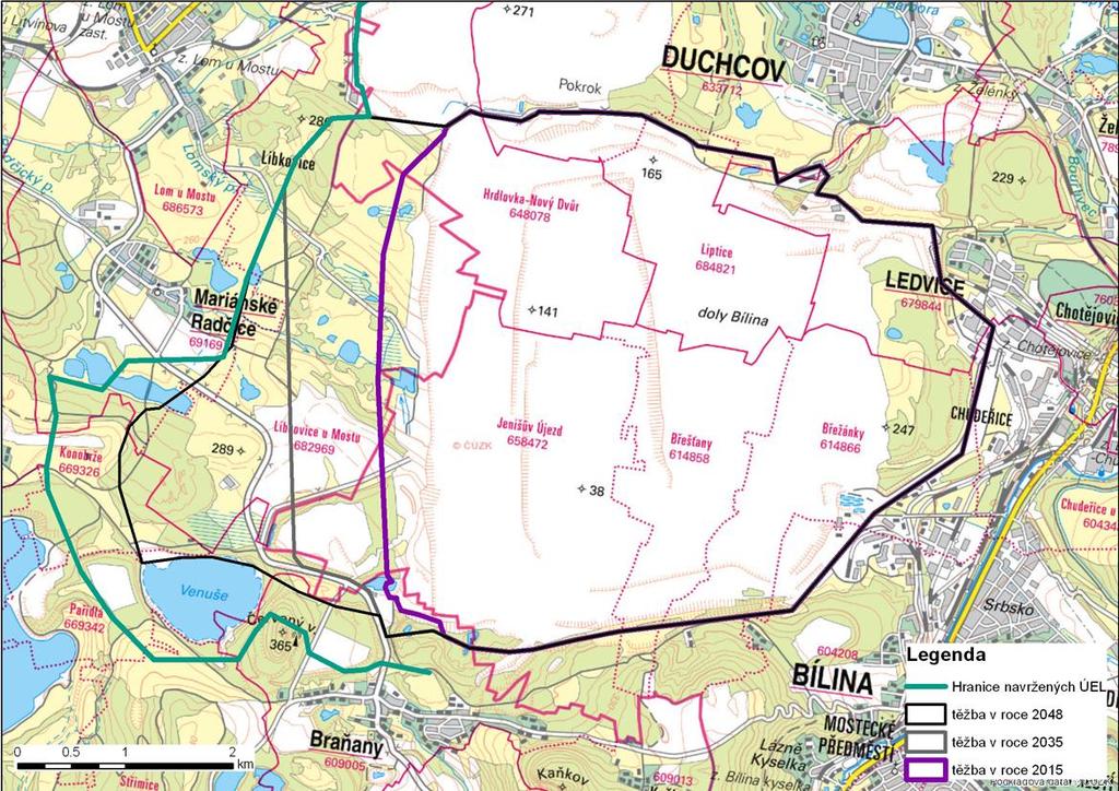 Těžba na lomě Bílina Předpokládaný objem těžby na lomu Bílina v hodnocených časových horizontech Rok Projektovaná těžba skrývky [mil.