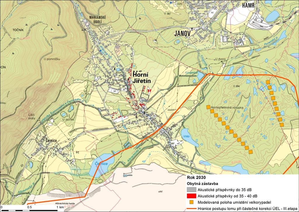 Vyhodnocení akustických příspěvků lom ČSA Území Horního Jiřetína a okolí, LAeq,T > 35 db (rok 2030) Zdroj: ATEM (2015)