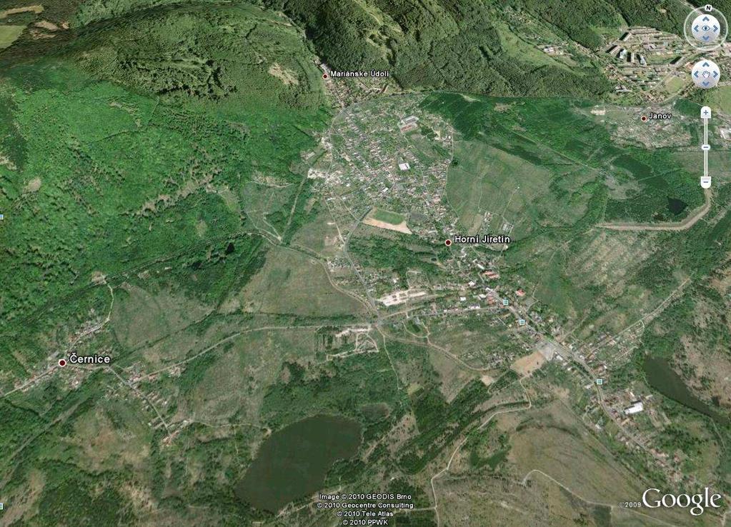 Zákres důsledků těžby lomu ČSA za územně ekologickými limity v prostoru Horní Jiřetín Černice, zboření obce a osady, fragment