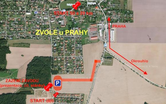 Mapa areálu pro dětské závody Trasy a ročníky narození 5 km dětské BMC Transbrody (ročník 2007 až 2011) - dětská trasa 5 km v lesích mezi Zvolí a Březová-Oleško - START v prostoru zázemí závodu Mini