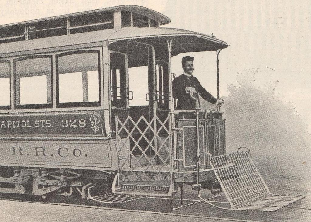 Obr. 15 Ochranné zařízení na přídi tramvaje U vozů městské dopravy se již v roce 1905 zkoušelo zavěšení záchytné sítě na předek tramvaje (Obr. 16).