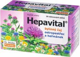 Hepavital bylinný čaj Doplněk stravy Ostropestřec přispívá k detoxikaci organismu, podporuje normální činnost jater Heřmánek podporuje přirozenou obranyschopnost, přispívá k normální funkci žlučníku