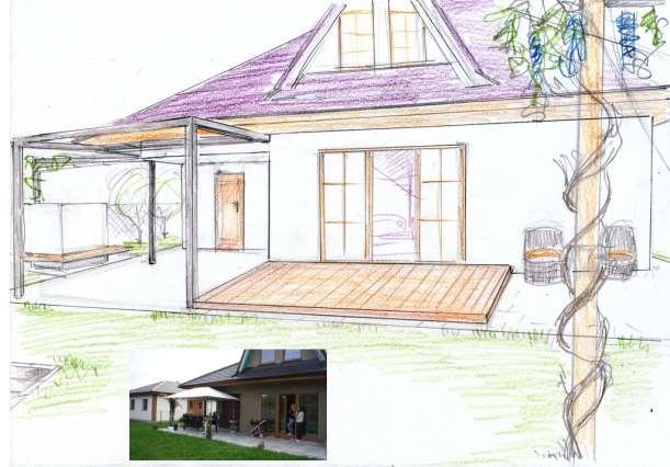Majitelka upřednostňuje variantu dřevěné terasy položené na st. dlažbě ve výšce cca 10-15 cm (jak schod z domu bude vyžadovat, nemám zaměřeno), tedy v návrhu nahoře verze B.