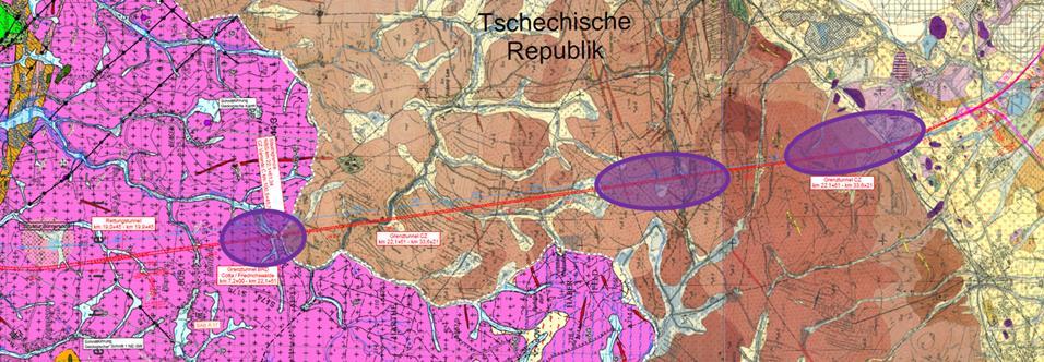 Geofyzikální průzkum Umístnění únikového tunelu Erzgebirgsabbruch Störungszone Störungszone