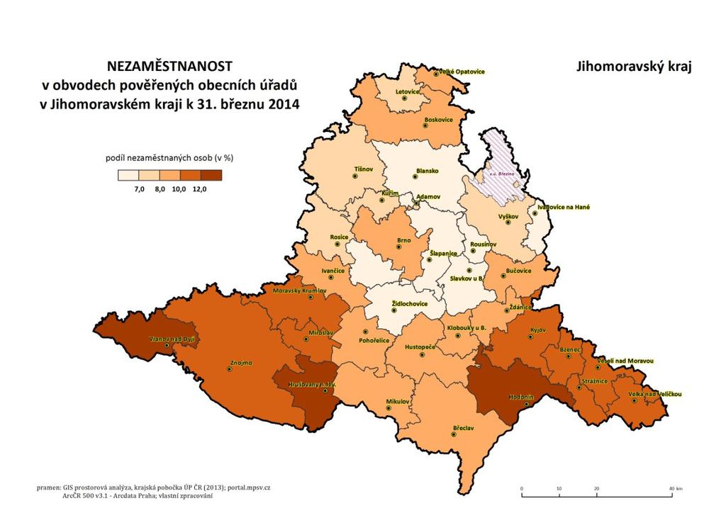 Obrázek 2: Změna dlouhodobé nezaměstnanosti Zdroj: webový portál JMK, průzkum zaměstnanosti k 3.2. 2038 Obrázek 3: Nezaměstnanost v obvodech POÚ v JMK Zdroj: webový portál JMK, průzkum zaměstnanosti k 3.