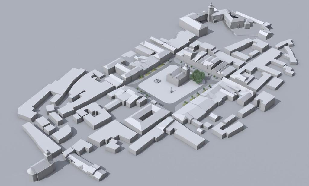 Obr. 13 Jednoduché hmotové 3D zpracování bez terénu, vhodné pro typologické zařazení. Příklad záměrného způsobu založení - královského, hradbami obdařeného města Lanškroun.