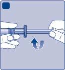 Lehce stiskněte ochranné víčko mezi palcem a ukazováčkem, jak je znázorněno na obrázku. E Sejměte ochranné víčko z adaptéru injekční lahvičky.
