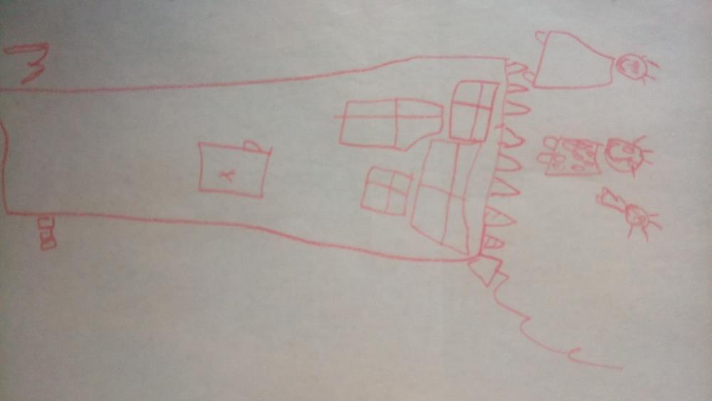 DÍVKA, 4 roky, značka kyblík, (obrázek, č.11) Postava v září Dívka nakreslila sebe, maminku a bráchu u svého domu.