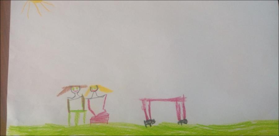 DÍVKA, 5 let, značka hrneček, (obrázek č.15) Postava v září Dívka kreslí postavy i s detaily jako je krk, oči, ústa, vlasy. Tělo je dvojdimenzionální, chybí ruce.