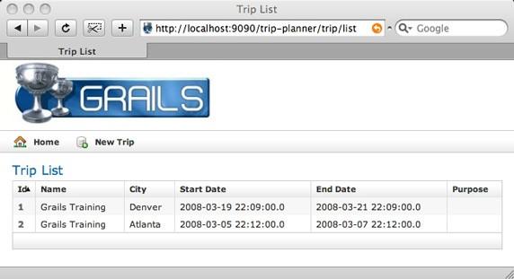 Grails List class Trip { String name String city Date startdate Date enddate String purpose String notes } class TripController {... def list = { if(!params.max) params.max = 10 [ triplist: Trip.