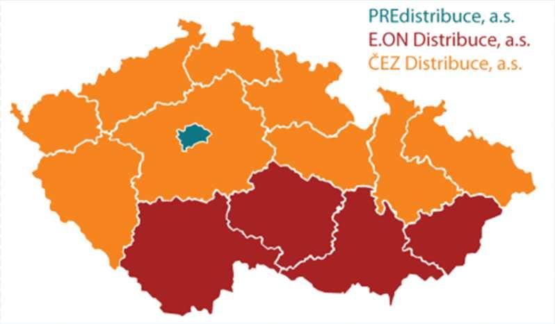 Elektřina Distribuční soustava (DS) V ČR působí ve svém vymezeném území tito provozovatelé distribučních soustav: PRE Distribuce, a.s. (hlavní město Praha a Roztoky u Prahy) E.ON Distribuce, a.s. (Jihočeský kraj, Vysočina bez Havlíčkobrodska, Jihomoravský kraj a Prostějovsko, Zlínský kraj bez Vsetínska) ČEZ Distribuce, a.