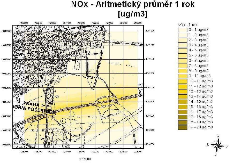 Obr. 23: Průměrná roční koncentrace oxidu dusičitého pro výhledový