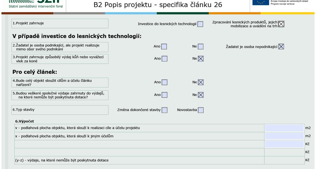 Formulář Žádosti o dotaci v Portálu Farmáře Specifické strany čl.